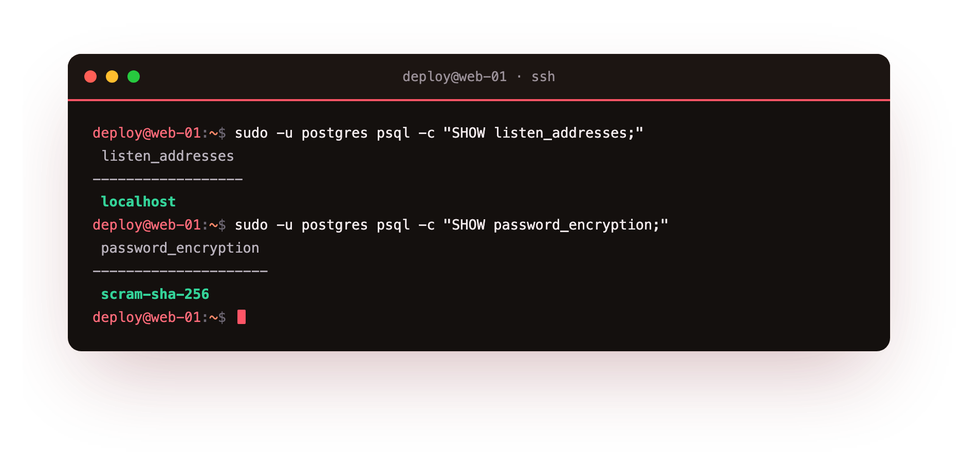 Safe defaults: localhost bind, scram-sha-256