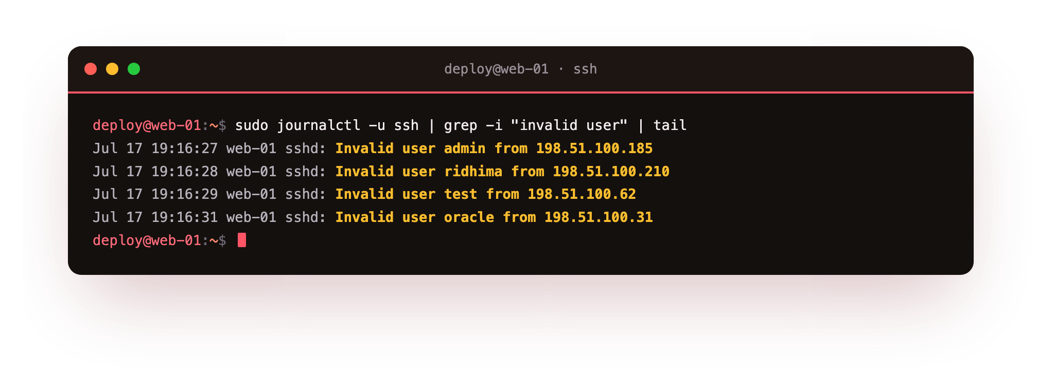 Live invalid-user probes in the log