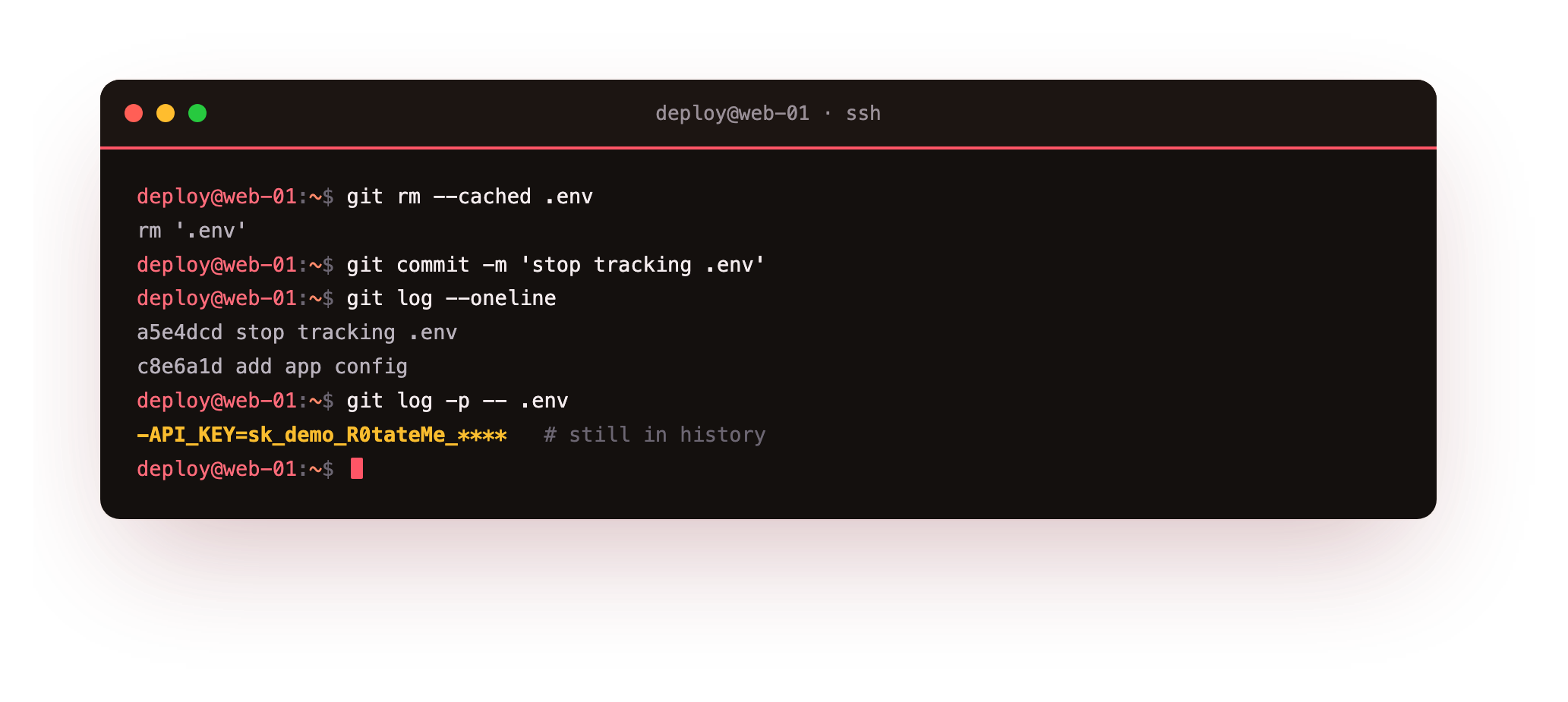 git log -p replaying the diff that first added a committed .env, so the secret is still in history after the file was removed from tracking