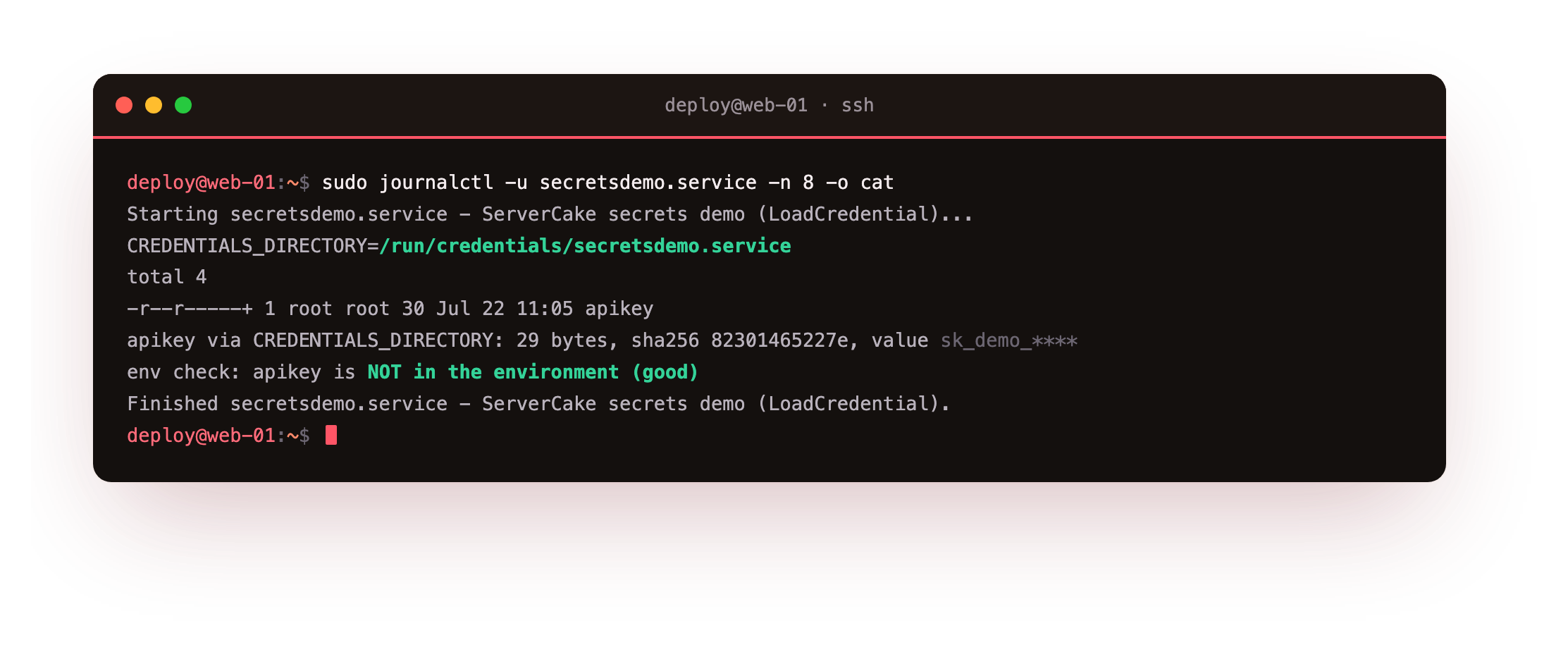 The journal of a systemd unit using LoadCredential, showing the credential under the credentials directory and a check confirming it is not in the environment
