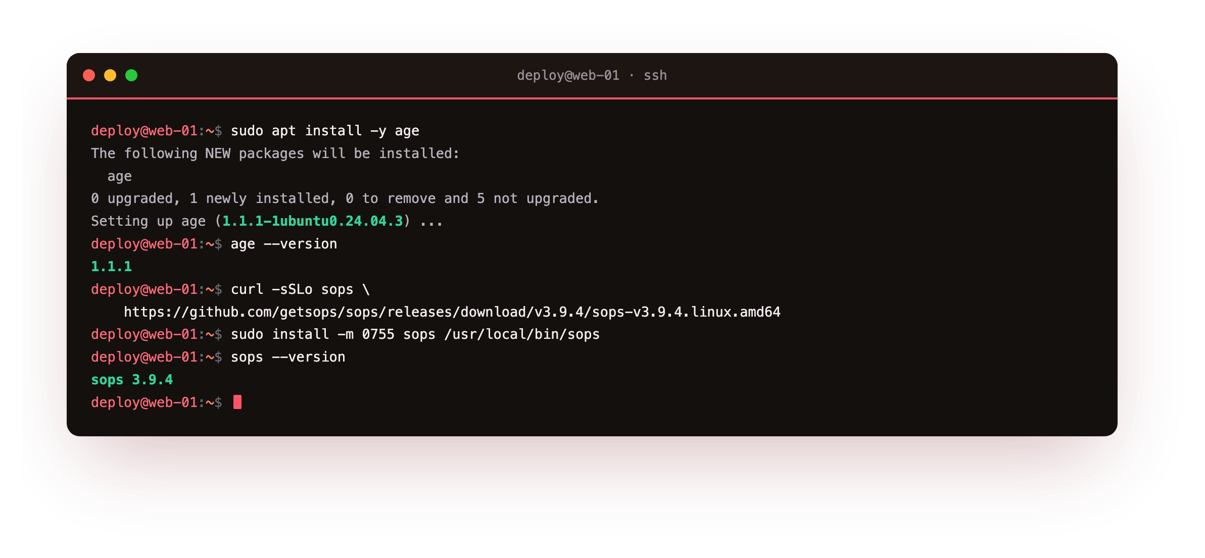 age installed from apt at version 1.1.1 and the sops binary downloaded from its release page onto the path, with sops --version confirming both tools run on a bare slice