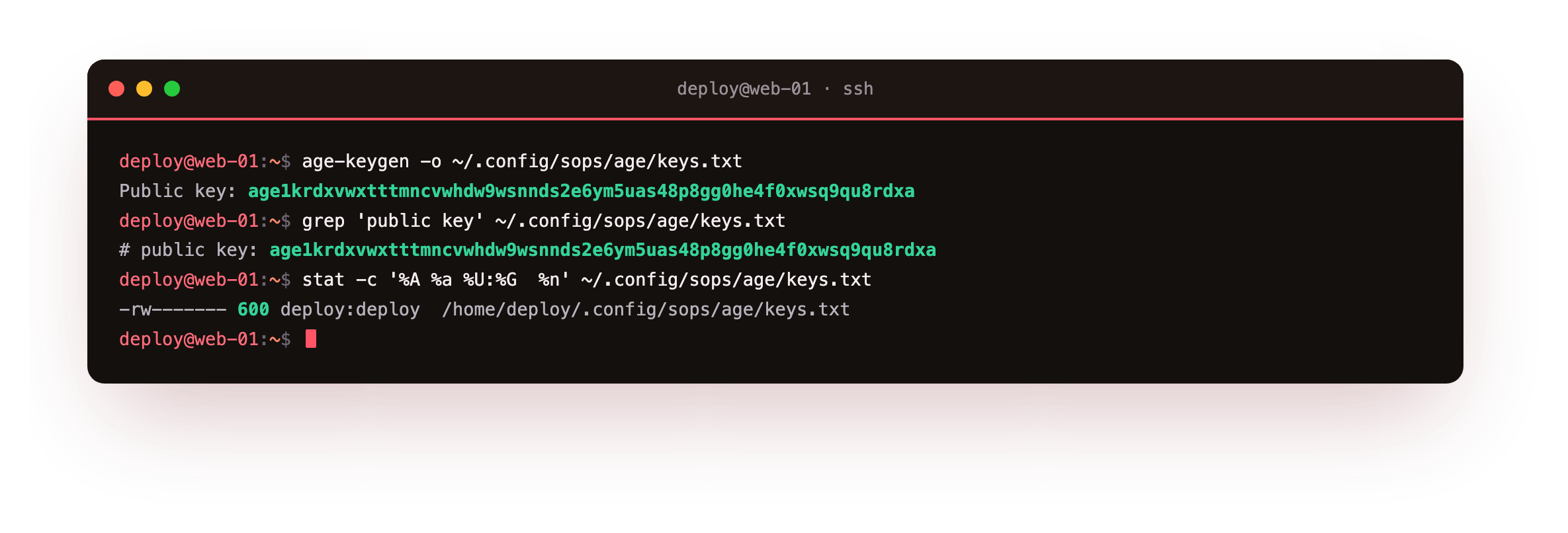 age-keygen writing a keypair to a file and printing the public age recipient, with the key file locked to mode 600