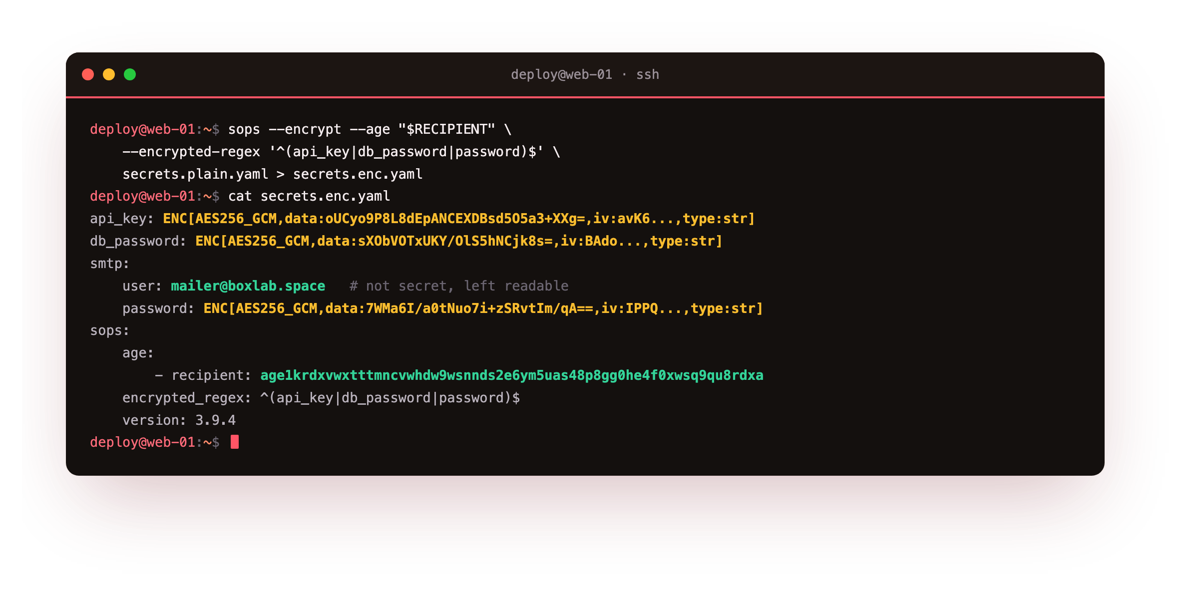 sops encrypting a YAML secrets file so each value becomes an AES-256-GCM ENC blob while the field names stay readable, with the age recipient recorded in metadata