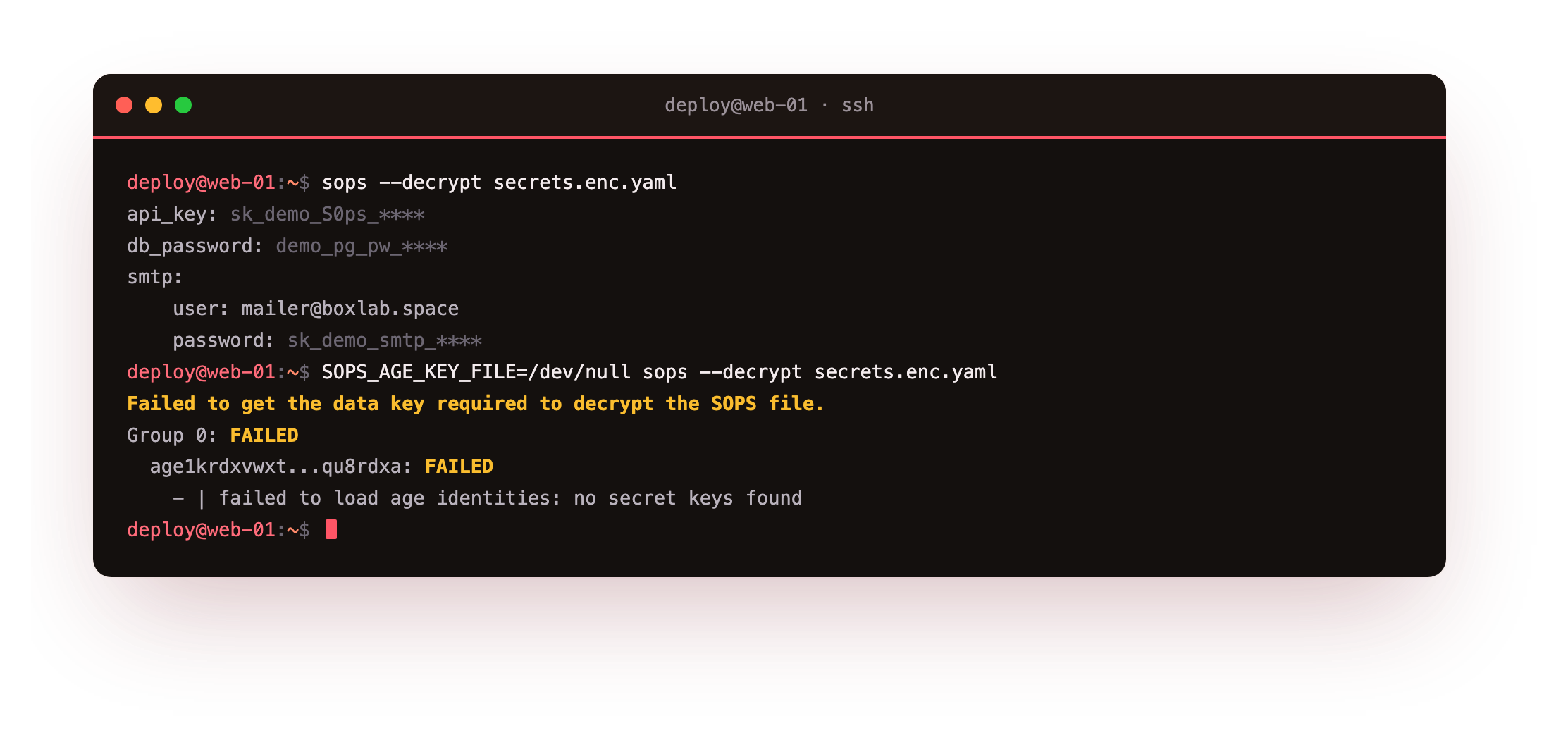sops decrypting the encrypted file back to its values with the private key present, and failing cleanly with no plaintext when the key is absent