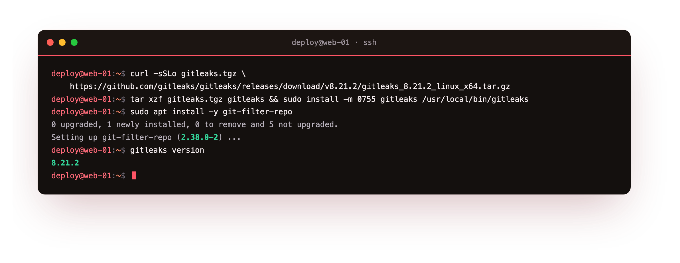 gitleaks unpacked from its release tarball onto the path and git-filter-repo installed from apt on a bare slice, with gitleaks version confirming the scanner runs