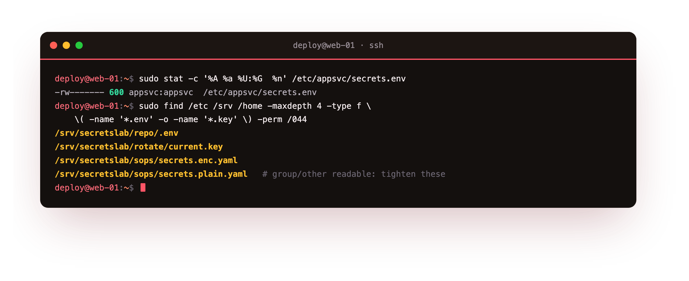stat confirming a secret file at mode 600 and a find sweep listing every group or other readable secret file on the server