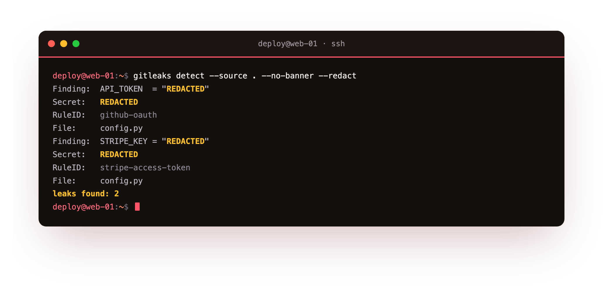 gitleaks scanning a repository and reporting two findings, a Stripe test key and a GitHub token, with the secret values redacted