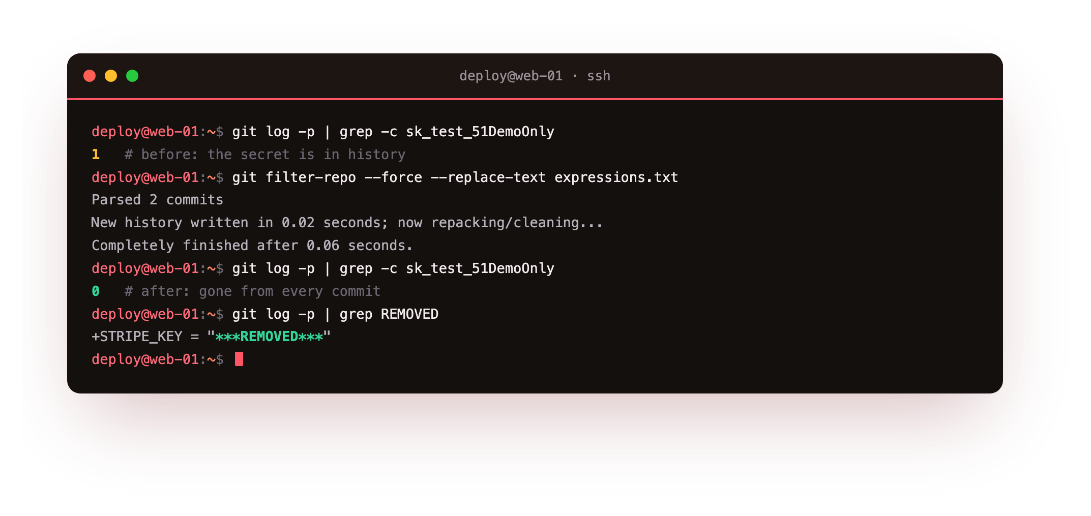 git-filter-repo rewriting history so the committed secret count in git log -p drops from one to zero, replaced with a REMOVED marker in every commit