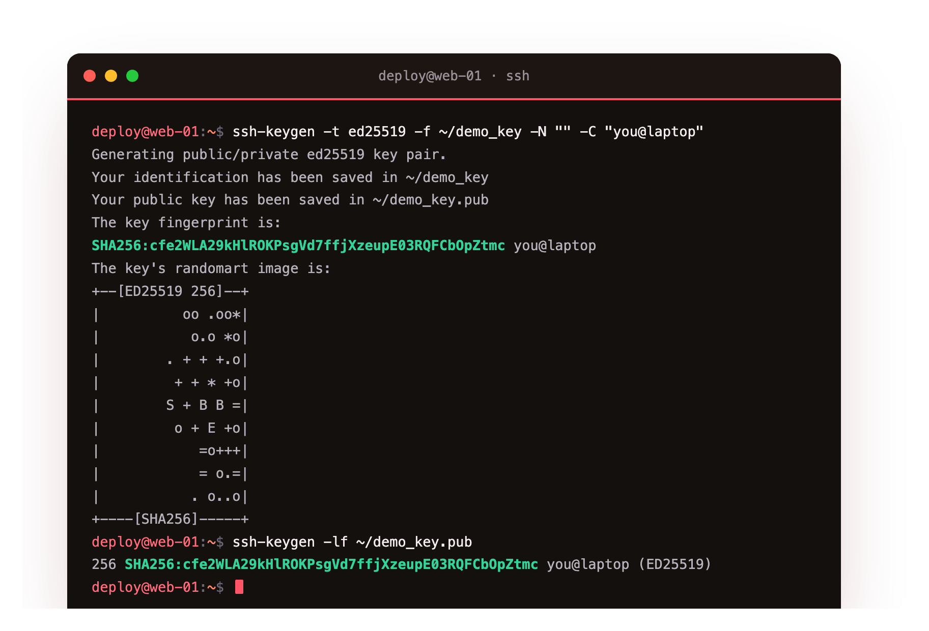 ssh-keygen creating an ed25519 key pair, then ssh-keygen -lf printing the public key and its SHA256 fingerprint with the randomart square
