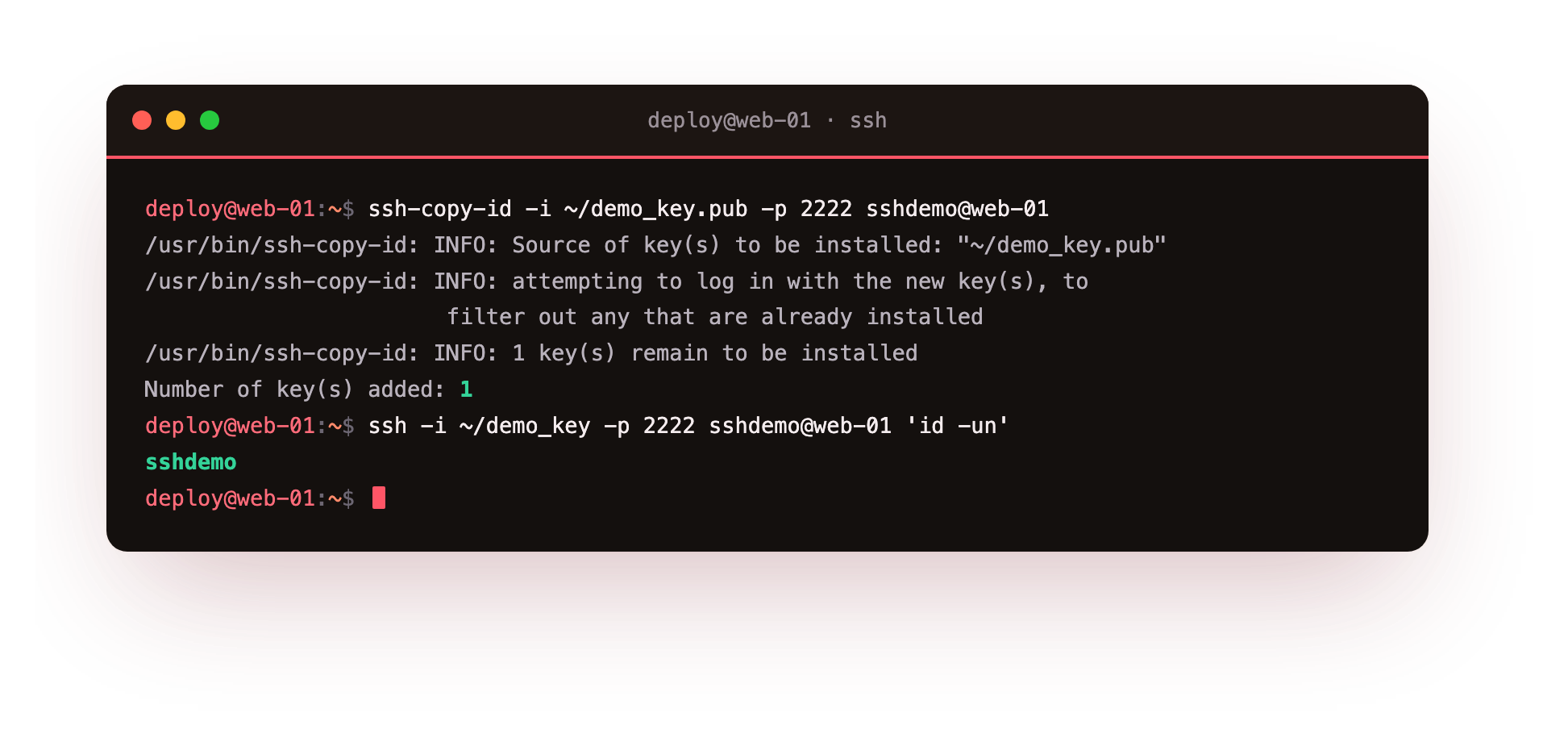 ssh-copy-id installing the public key into the demo account's authorized_keys and reporting one key added, then a verbose login authenticating with publickey
