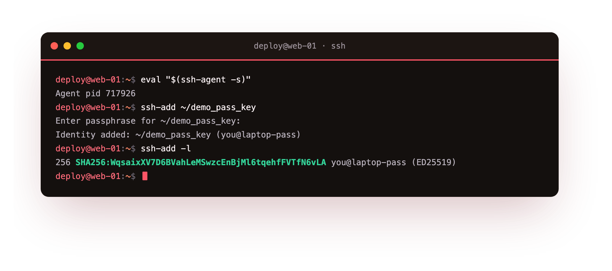 ssh-agent started and ssh-add loading a passphrase-protected key once, then ssh-add -l listing the loaded key by its fingerprint