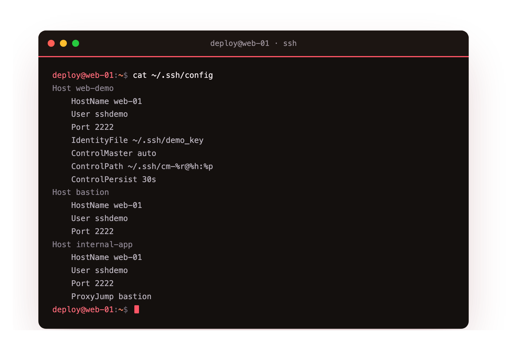 The ssh config file printed with three Host blocks, each mapping a short alias to a HostName, User, Port and IdentityFile, plus ProxyJump and ControlMaster keywords