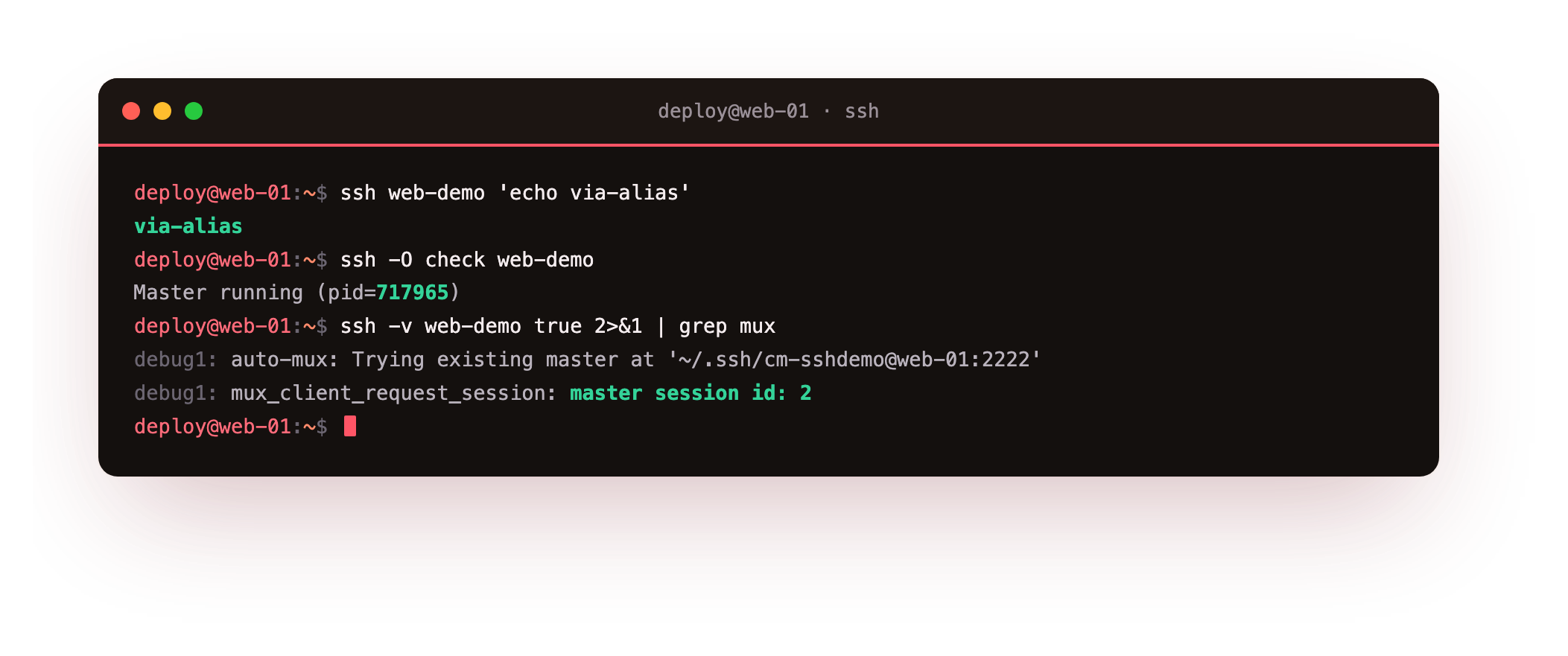 A first connection over an alias, then ssh -O check reporting the master is running, then a verbose second session showing auto-mux reusing the existing master socket