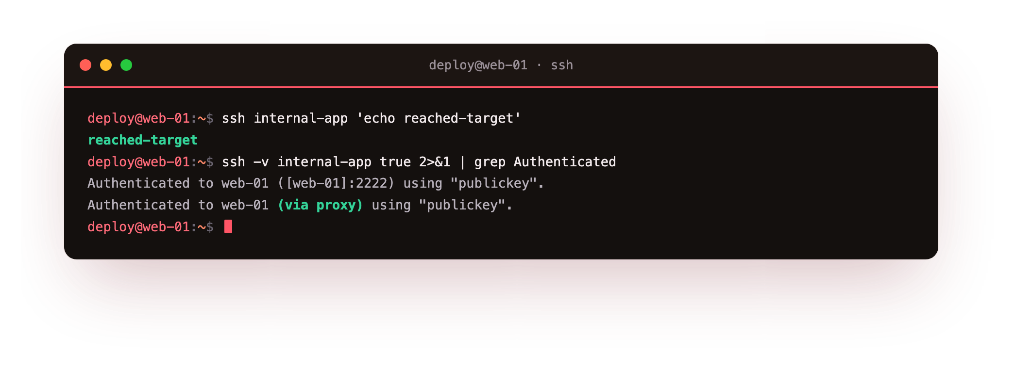 A single ssh command reaching an internal host through a bastion, with a verbose trace authenticating to the bastion then again to the target via proxy