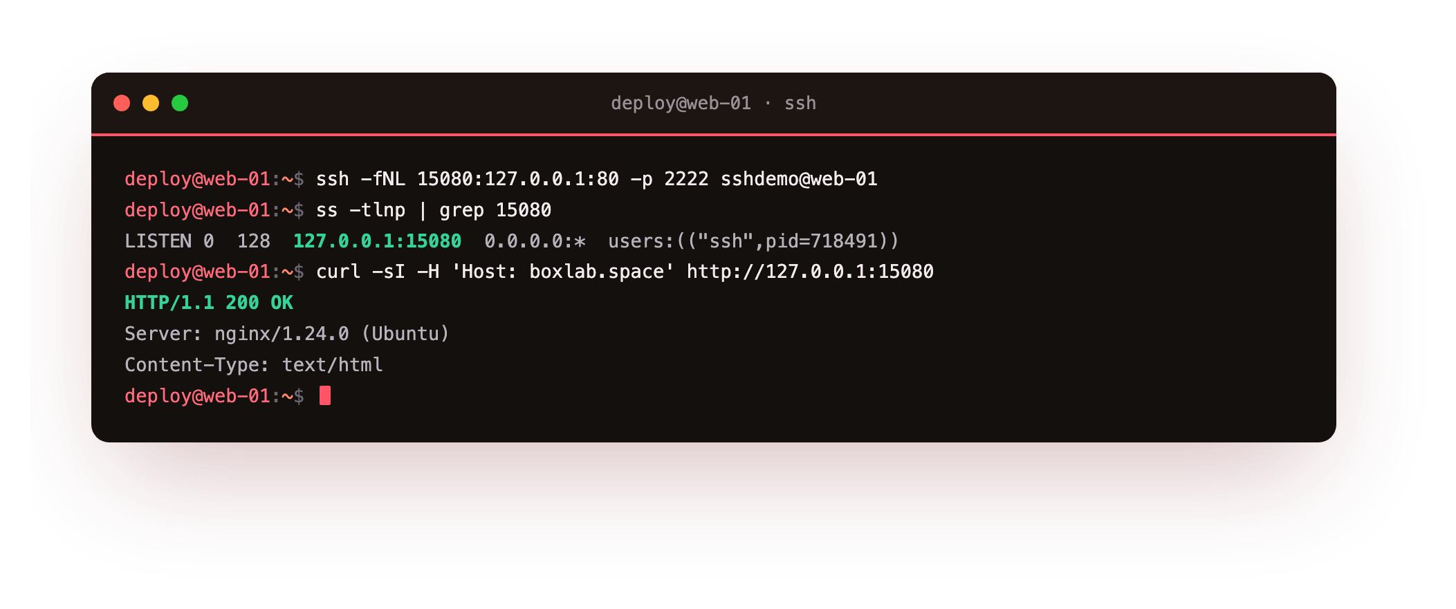 A local forward opening port 15080 on the client bound to loopback, then a curl through the tunnel returning a 200 OK served by nginx on the server