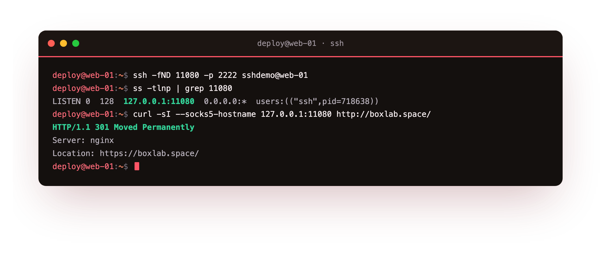 A dynamic forward opening a SOCKS proxy on the client, then a curl through the SOCKS proxy returning a real 301 redirect from the site on the server side