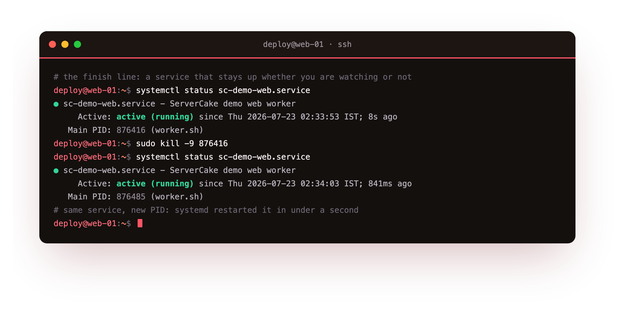 The destination shown before any theory: systemctl status showing sc-demo-web.service active on Main PID 876416, a kill -9 on that process, then status again showing the service active on a new Main PID 876485, systemd having restarted it in under a second
