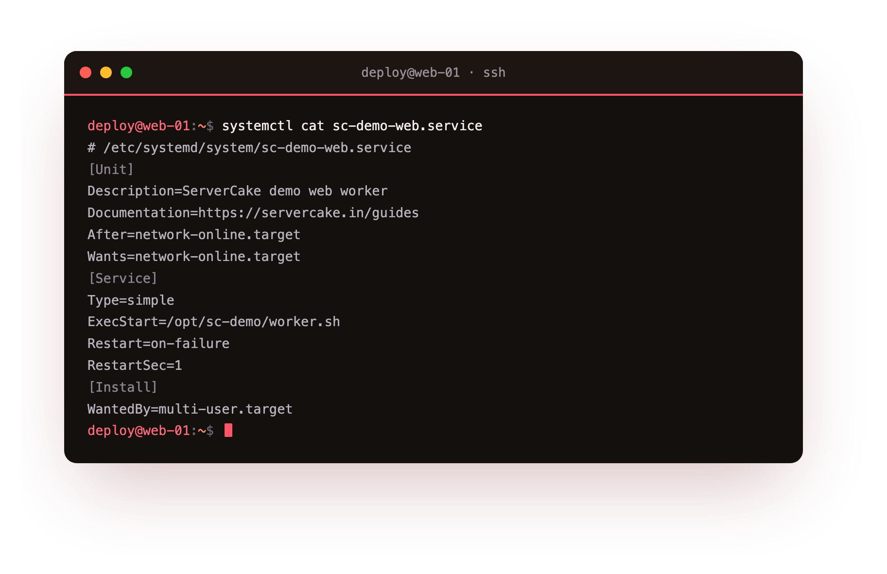 systemctl cat printing the sc-demo-web.service unit file with its Unit, Service and Install sections and the path under /etc/systemd/system