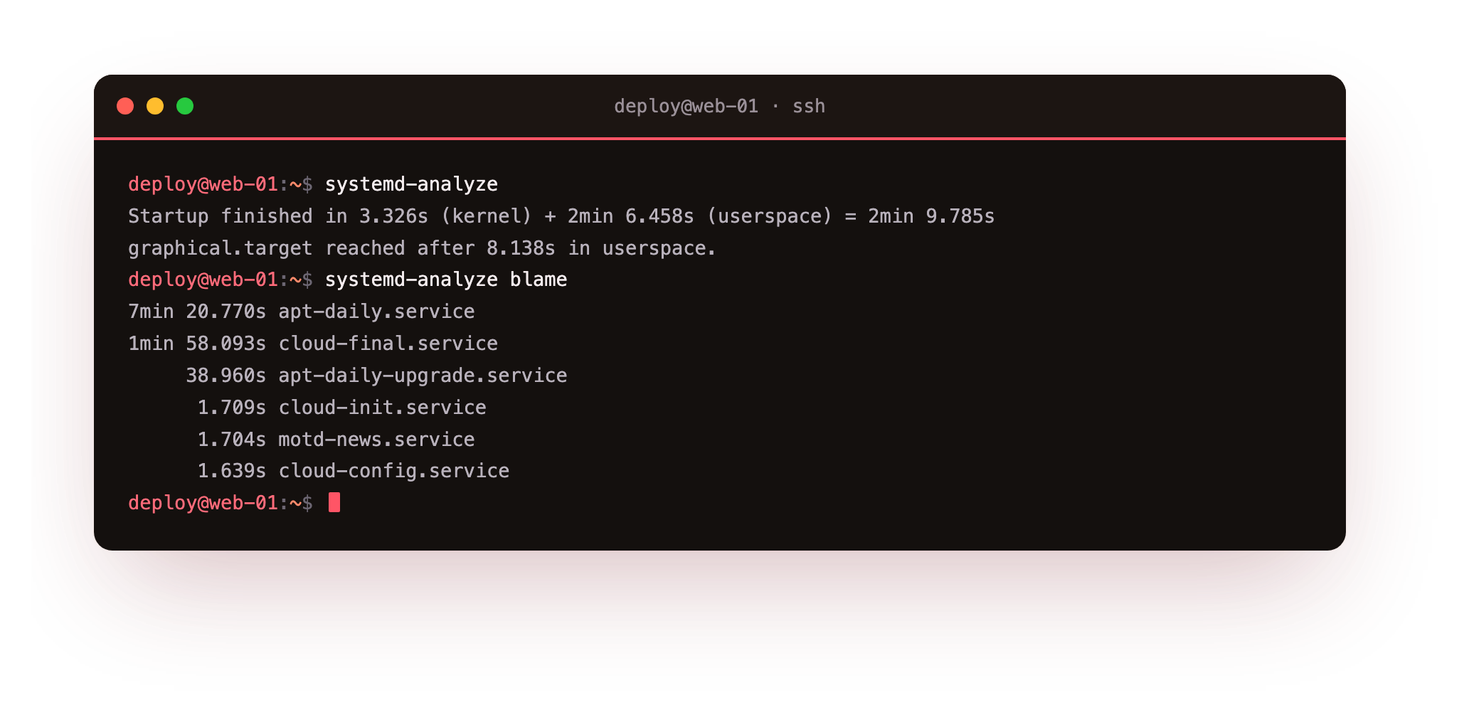systemd-analyze reporting the boot time split between kernel and userspace, then systemd-analyze blame ranking the units that took longest to start