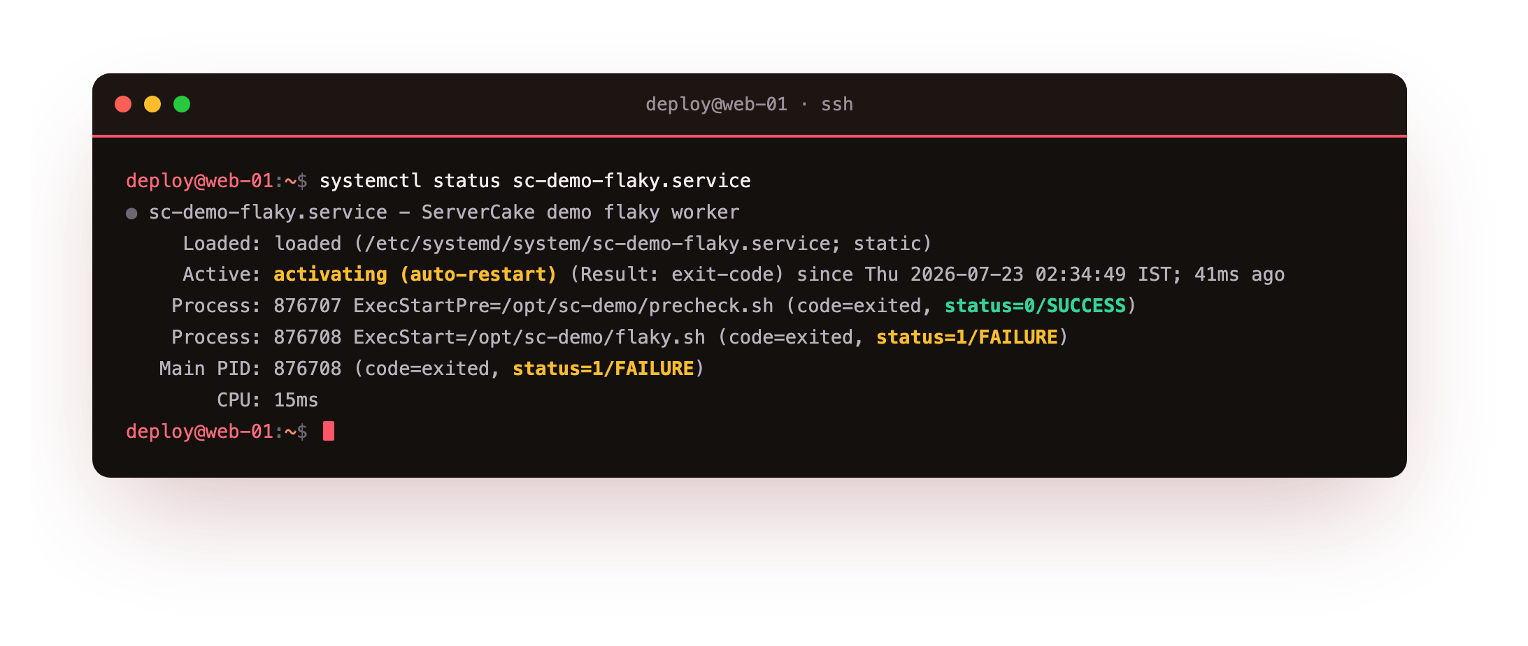 systemctl status showing the flaky service in activating auto-restart state after its ExecStartPre passed and ExecStart exited with status 1
