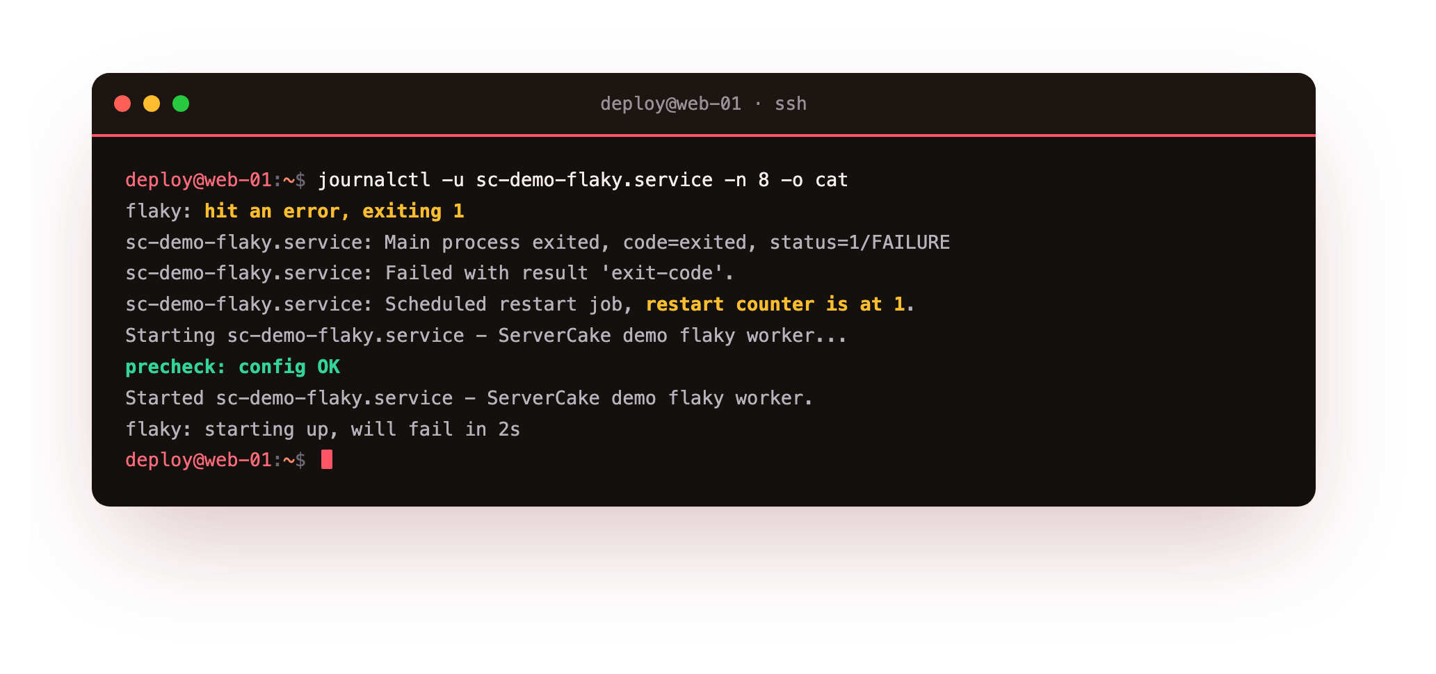 The journal showing the restart cycle for the flaky service: the worker exits 1, systemd records the failure, schedules a restart with the counter climbing, and the pre-check prints again