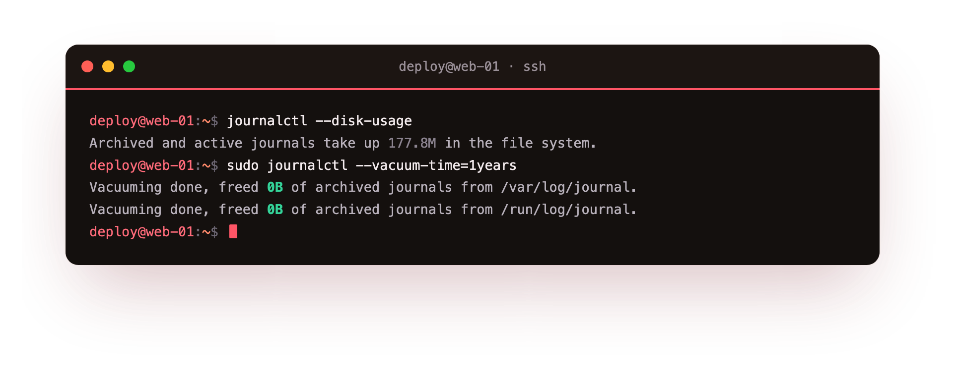 journalctl reporting the journal disk usage, then a safe vacuum by age that removes only sealed archives older than a year and reports what it freed