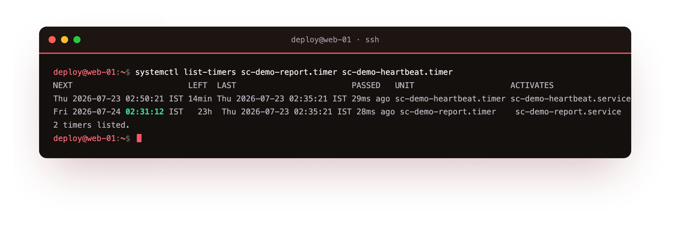 systemctl list-timers showing the demo report timer with its next run landing a minute past the half hour because of a randomized delay, and the monotonic heartbeat timer beside it