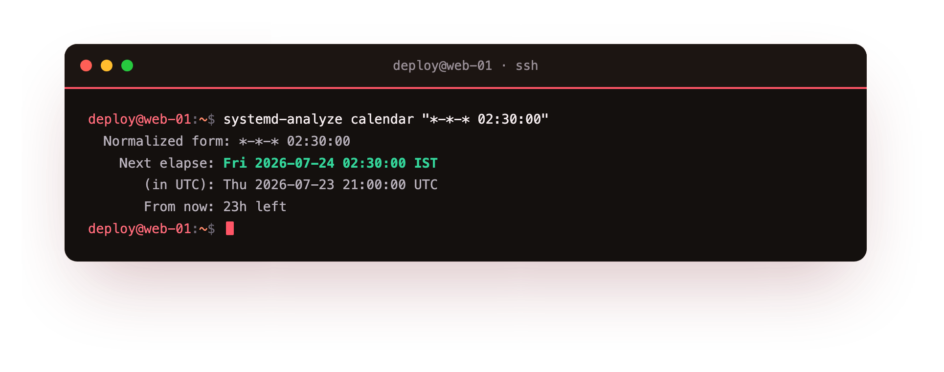 systemd-analyze calendar normalising a daily OnCalendar expression and printing the next time it will fire in both local time and UTC
