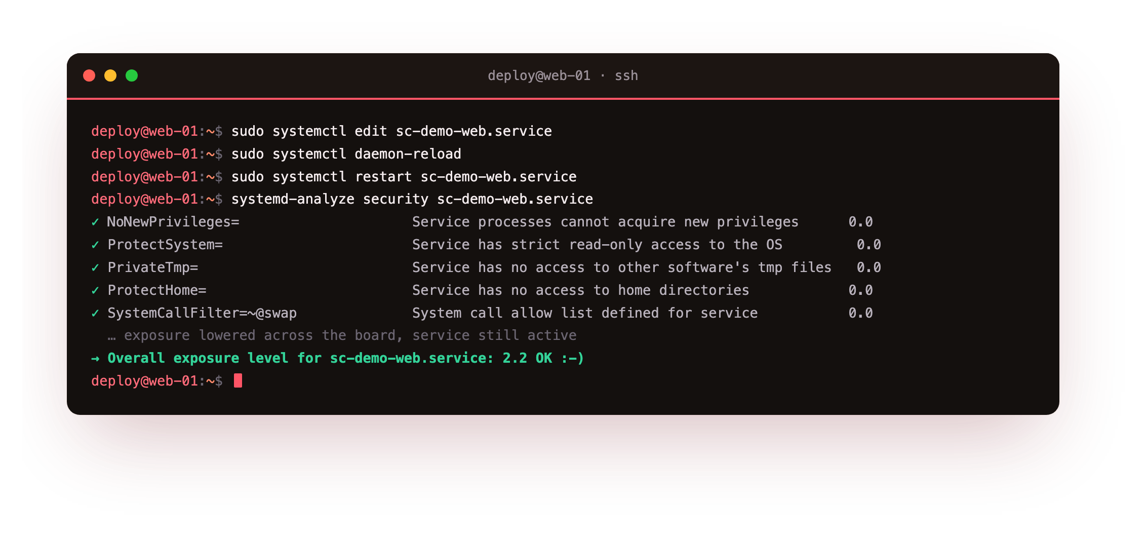 systemd-analyze security after a hardening drop-in, the exposure score fallen to the low acceptable end and the summary flipped from unsafe to ok, the service still active