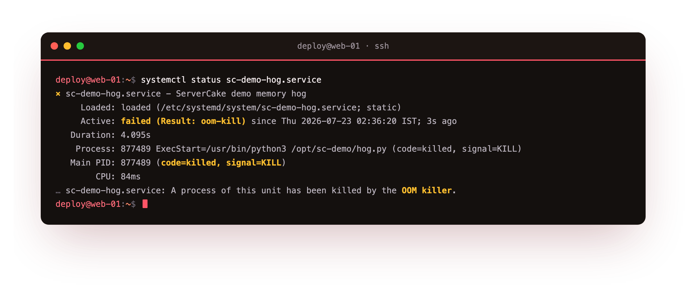 systemctl status showing the memory hog service failed with result oom-kill after crossing its fifty megabyte MemoryMax cap, the process killed by signal 9 while the server carried on
