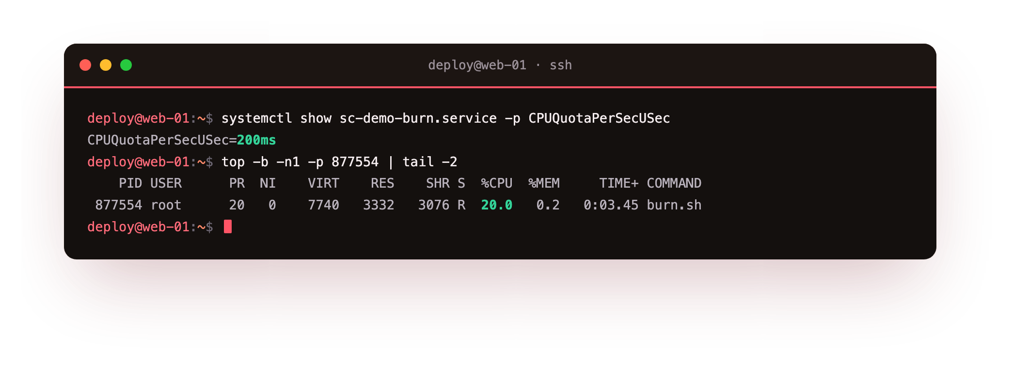 The CPU burner capped at twenty percent: CPUQuotaPerSecUSec reading 200ms and top reporting the busy loop pinned at twenty percent of one core