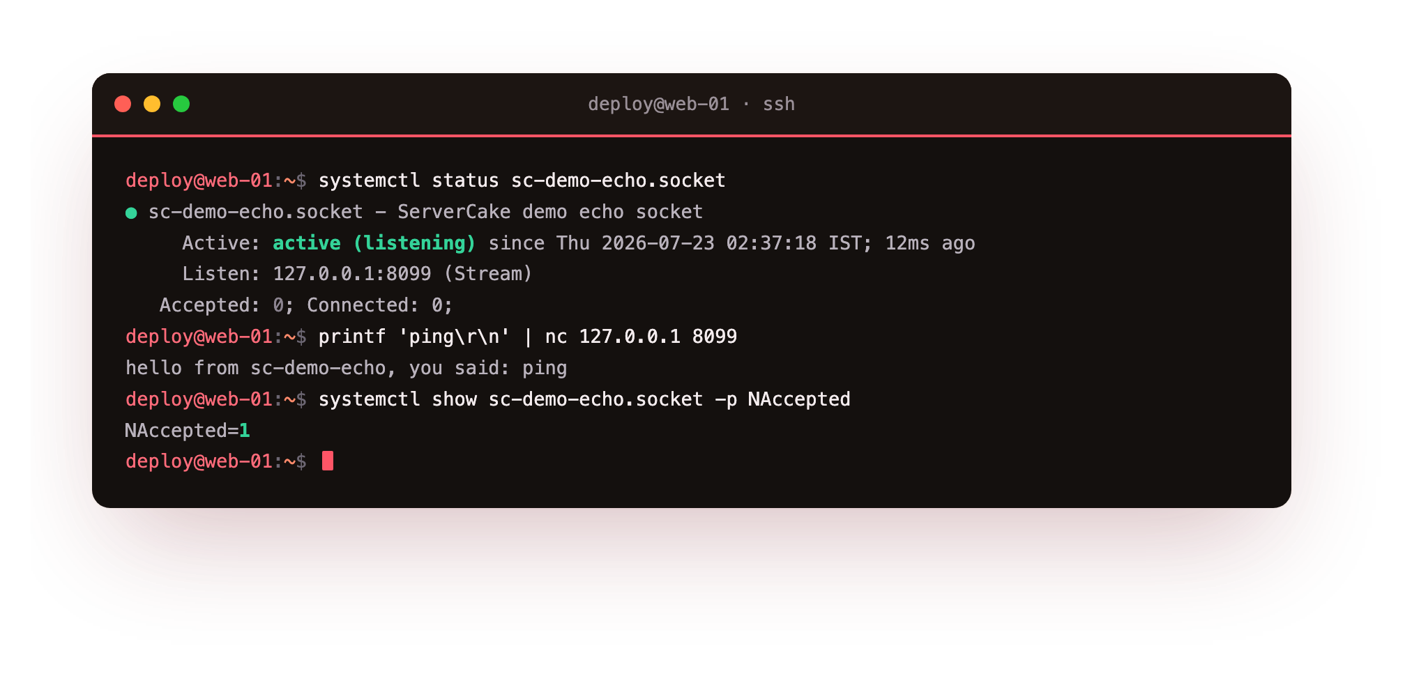 The echo socket active and listening on a local port with no service instance running, then a first connection returning the echo reply and starting an instance on demand
