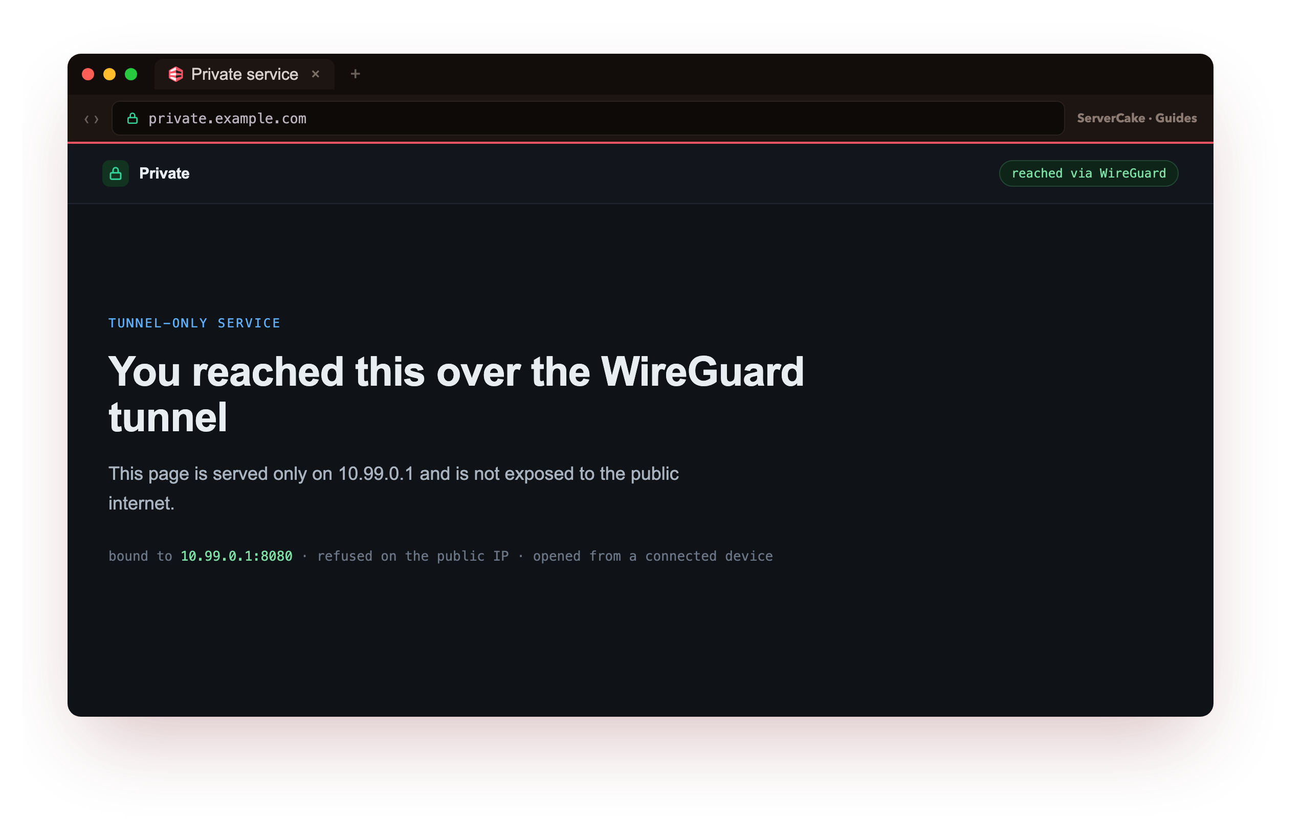 The private page loaded in a browser through the WireGuard tunnel, a service the public internet cannot reach, opened from the connected device
