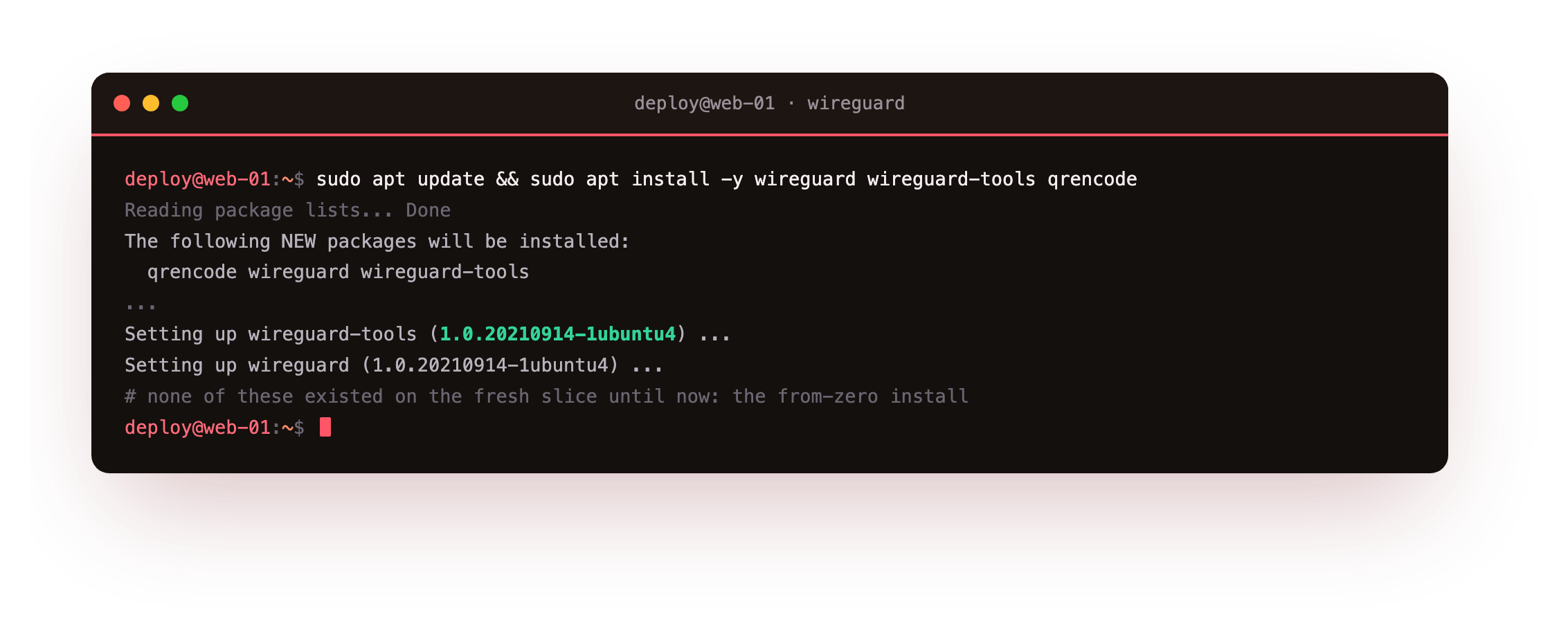 apt installing the wireguard, wireguard-tools and qrencode packages on Ubuntu 24.04, reporting wireguard version 1.0.20210914-1ubuntu4 set up, the from-zero install