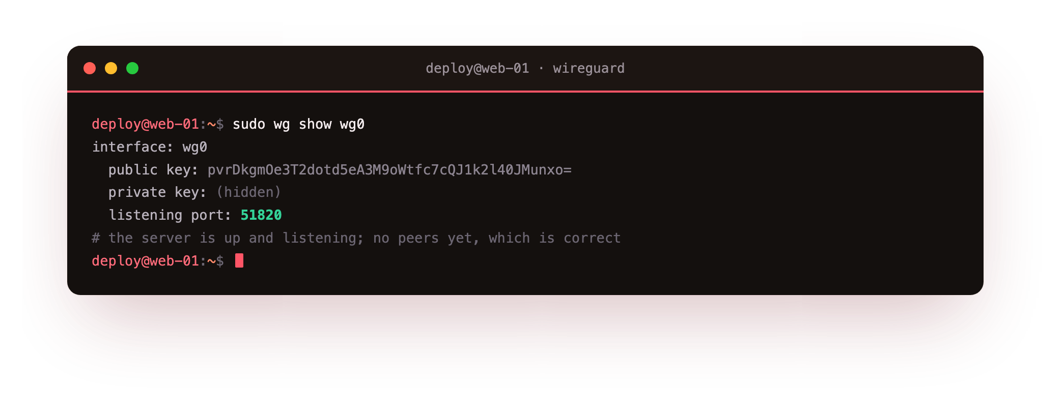wg show wg0 reporting the interface public key, a listening port of 51820 and no peers yet, the server up and waiting for its first client