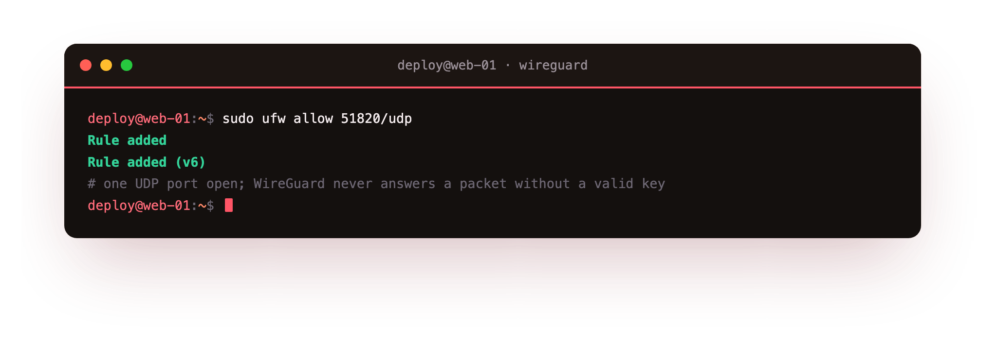 ufw allow adding a rule for 51820/udp, the one UDP port WireGuard listens on, so client handshakes can reach the slice