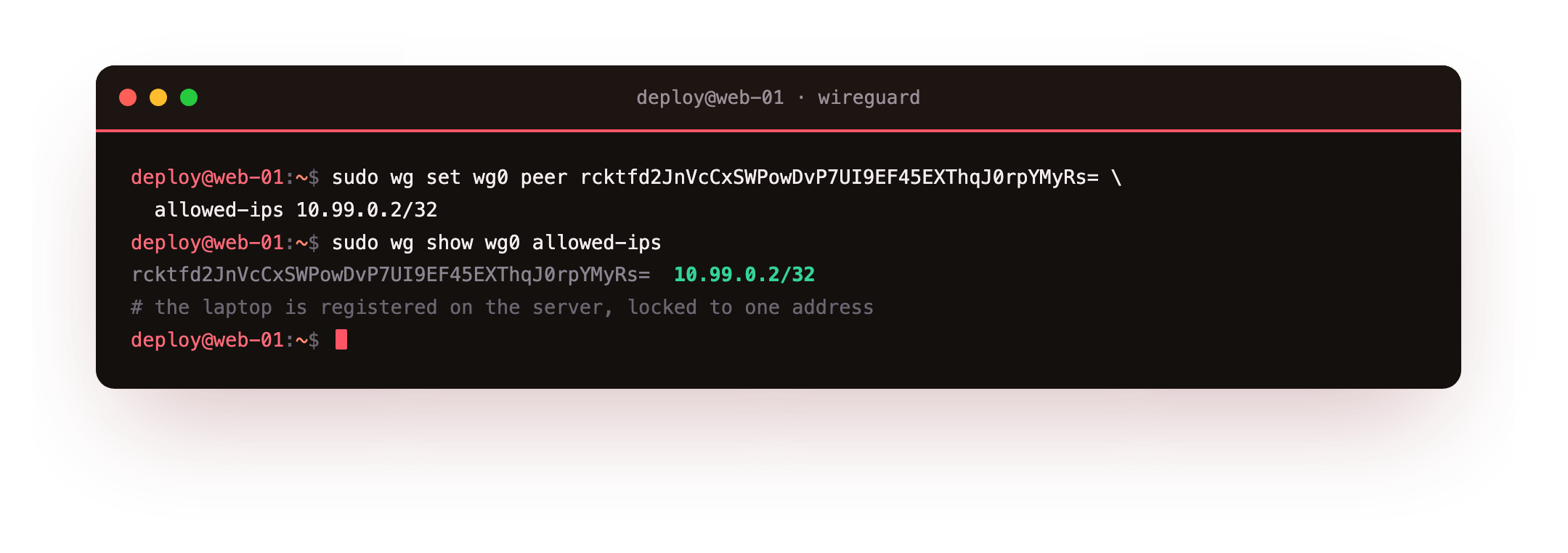 wg set adding the laptop as a peer on the server by its public key with allowed-ips 10.99.0.2/32, then wg show listing that single locked address, applied live without restarting the tunnel