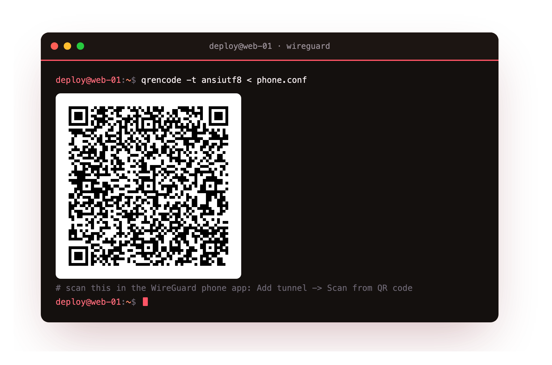 qrencode rendering the phone WireGuard config as a scannable QR code in the terminal, ready for the phone app to import the tunnel with one scan