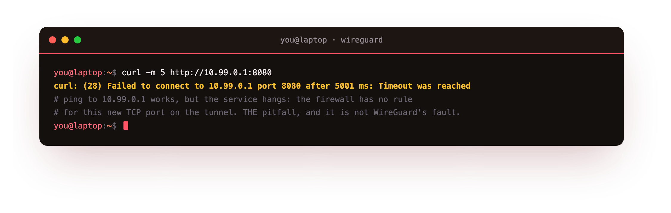 curl to the private service on the tunnel IP timing out after five seconds, the firewall pitfall: ping works but the service is blocked until the tunnel is allowed to the port