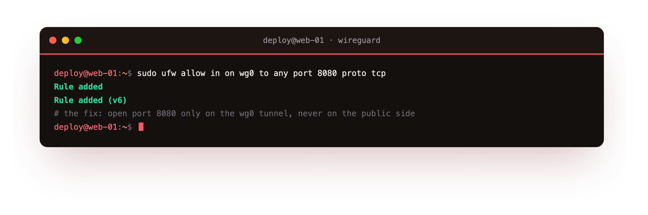 ufw allow in on wg0 adding the rule that lets tunnel traffic reach TCP port 8080, the fix for the blocked service