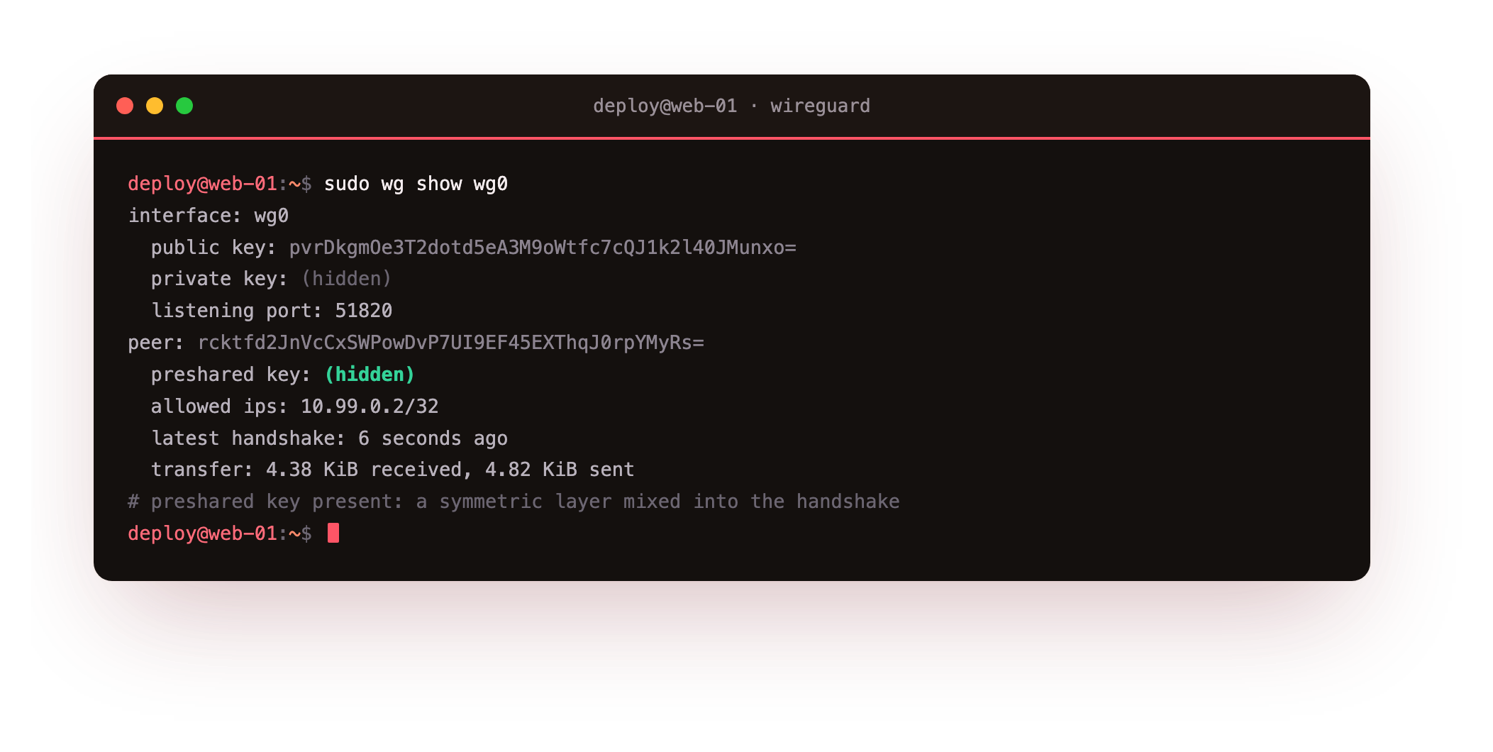 wg show wg0 after adding a preshared key, the peer now carrying a preshared key hidden line alongside its allowed ips and a fresh handshake, an extra symmetric layer