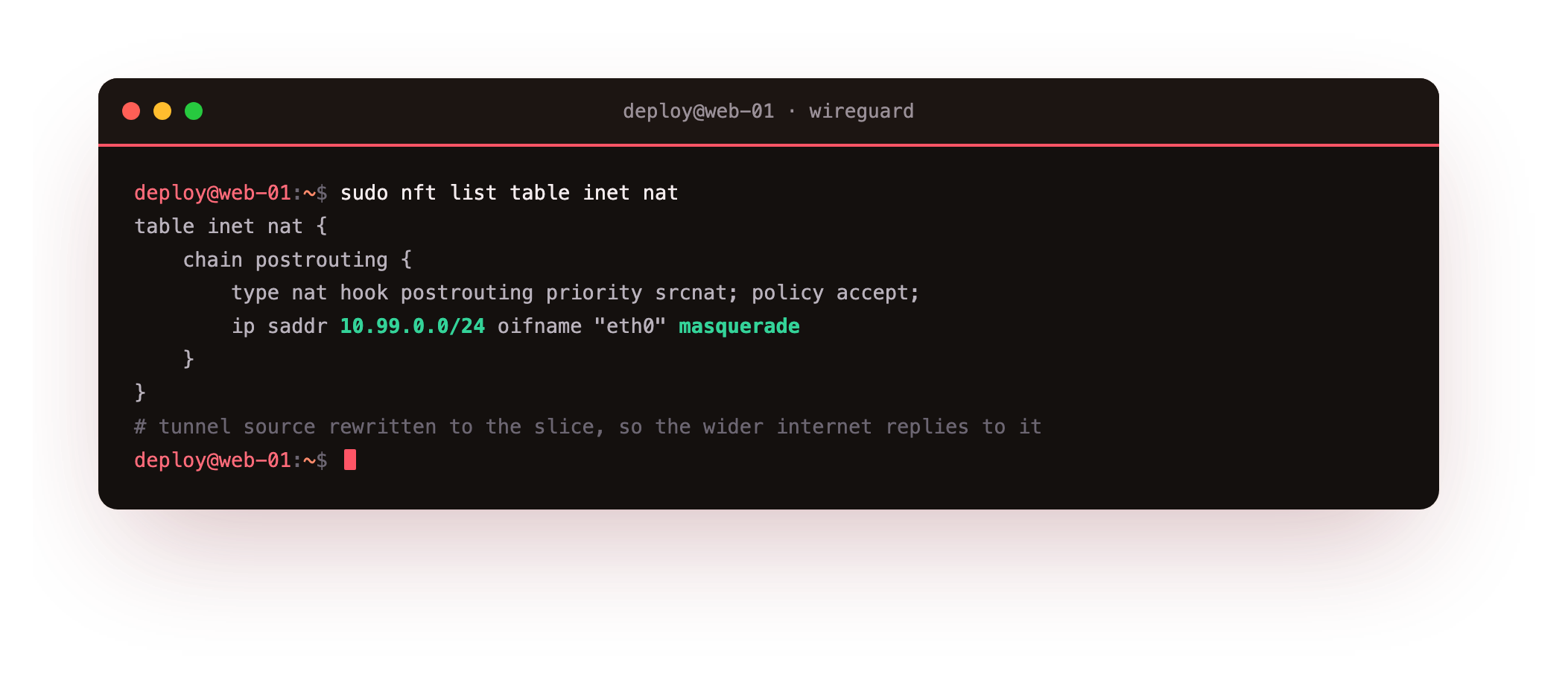 An nft NAT table with a postrouting chain that masquerades tunnel source 10.99.0.0/24 leaving the public interface, rewriting it to the slice so the wider internet replies to the server