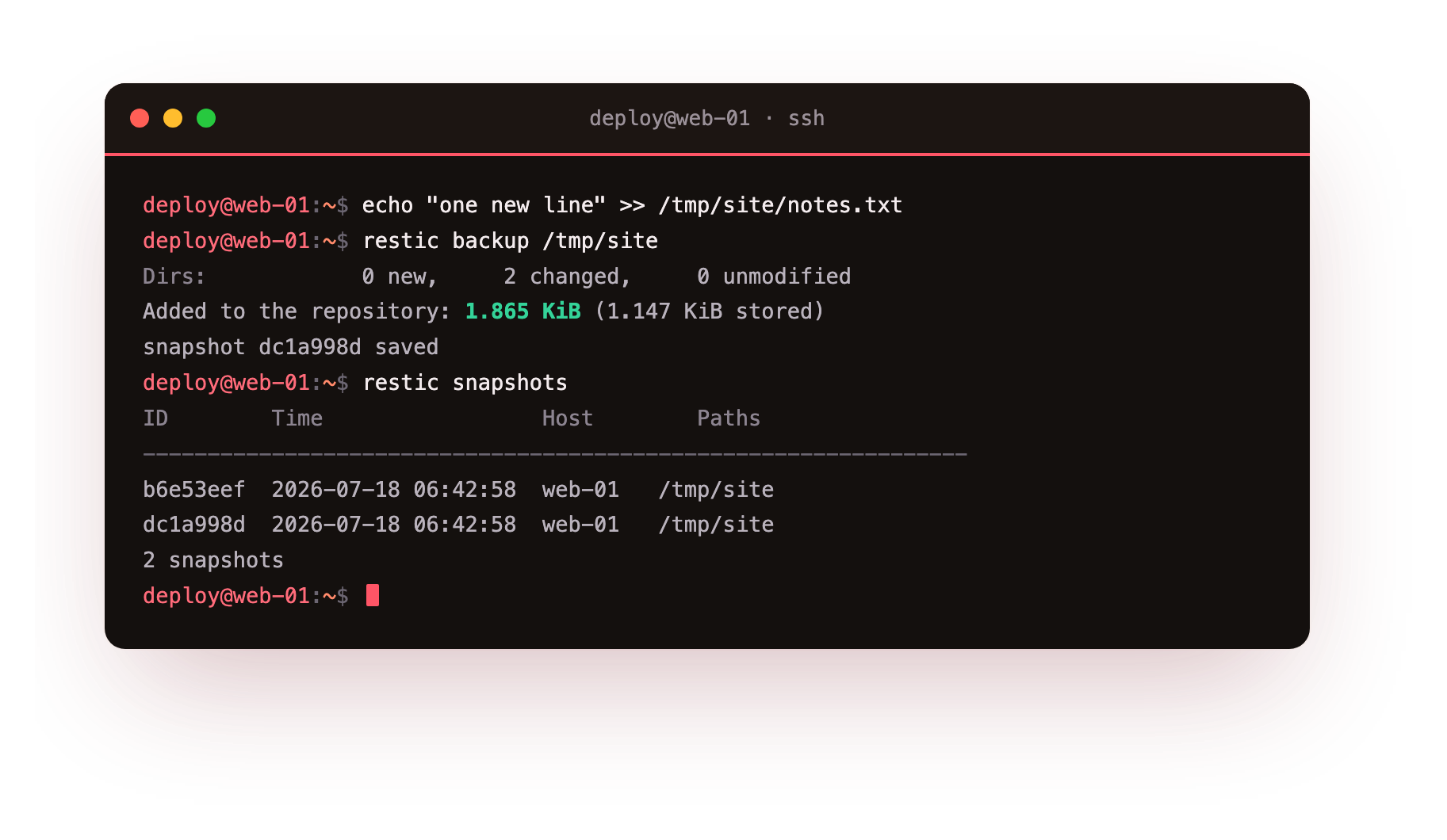 A second backup adds only the change: 1.8 KiB, not another full copy