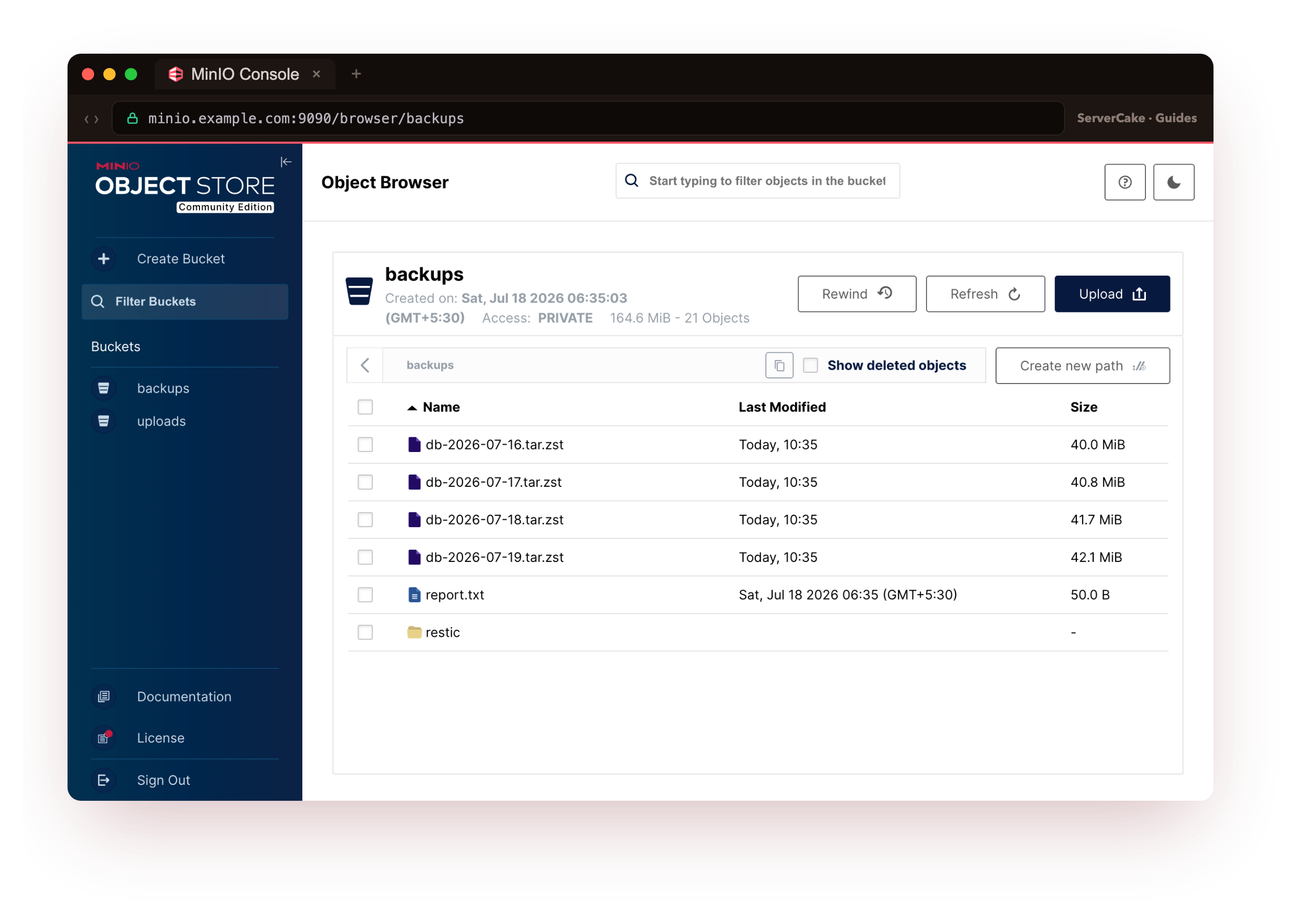 The same backups bucket in the MinIO console: the four daily database dumps, report.txt and the restic folder, all over HTTPS