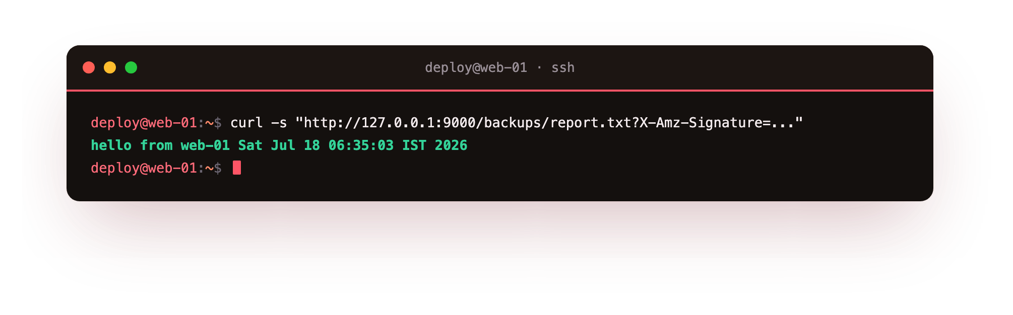 A presigned URL fetched with plain curl, no credentials